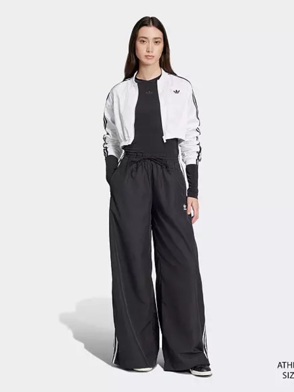 Y2K Adidas Black Wide-Leg Parachute Track Pants Joggers Elastic Mid-Low Waist